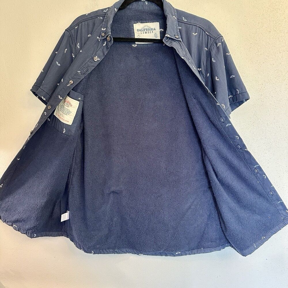 California Cowboy High Water Fleece Lined Short Sleeve Button Shirt Blue Print L - Picture 11 of 16